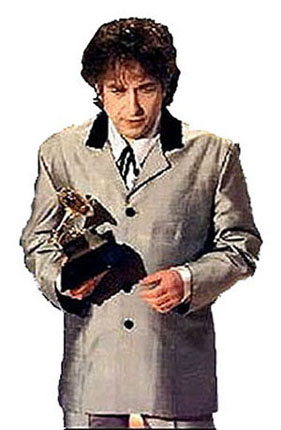 [Dylan holding 
the 1998 Grammy Award for Best Album, which he received for Time Out Of 
Mind]