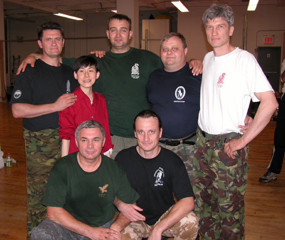 [Systema teachers and friends at a June 2005 seminar with Mikhail Rybako. From left: Vladimir Vasiliev, Peggy Chau, Denis Dmitriev, Mikhail Rybako, Edgars Cakuls; seated: unidentified teacher, Yuri Talalaev]