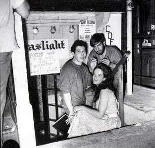 [William Morris, Bob Lubin, and Mimi Margeaux at the Gaslight Cafe, 1959]